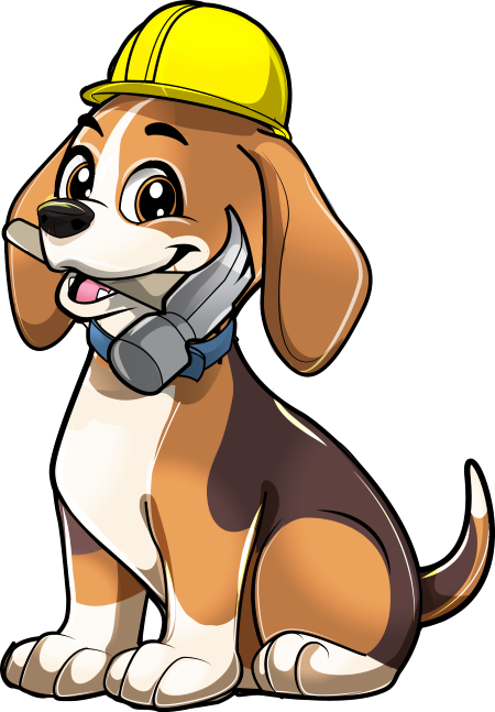 HartHaus Homes dog logo sitting wiith a yellow workers hat